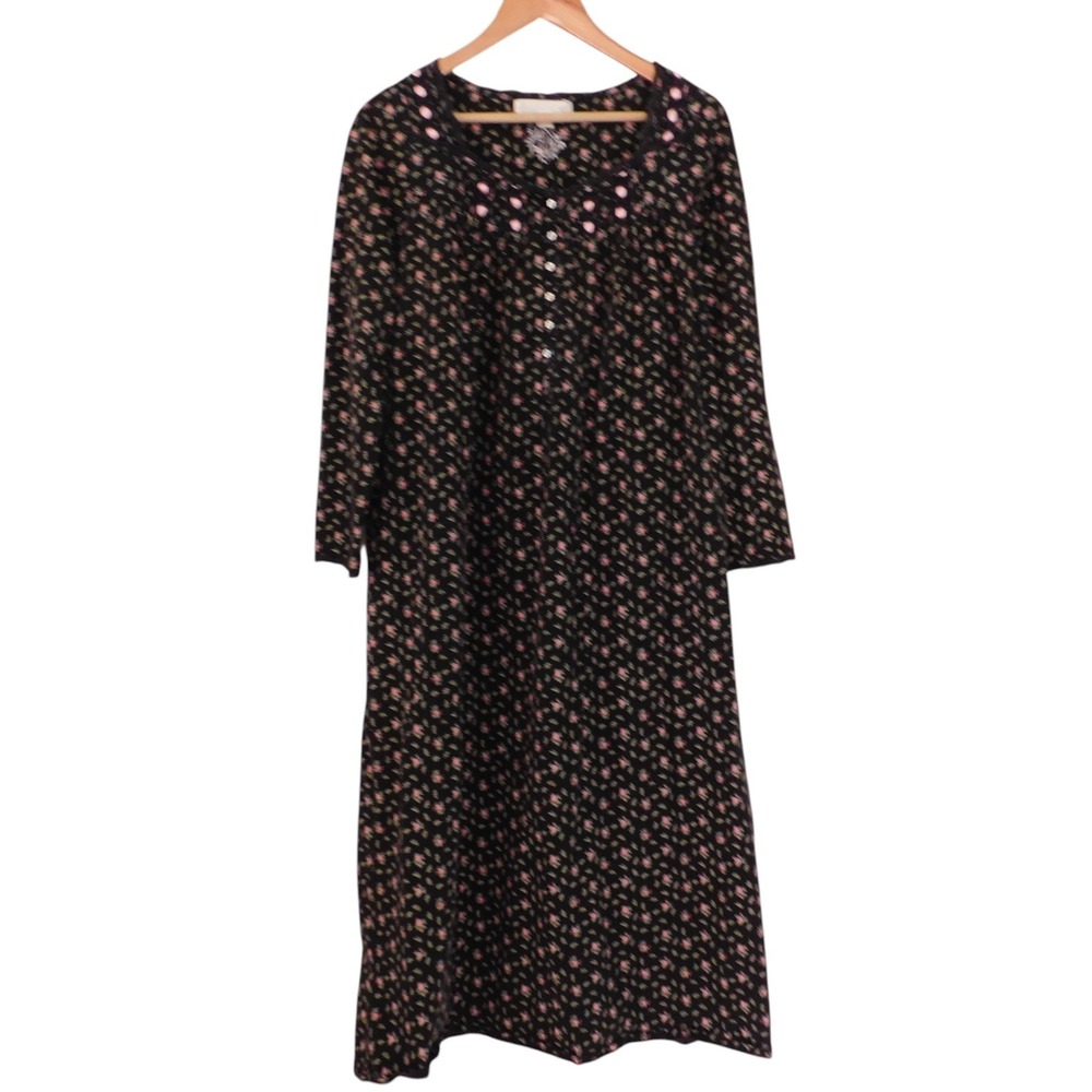 Eileen West Nightgown Black Floral Womens Lace Cotton Knit Long Sleeve Sz Small
